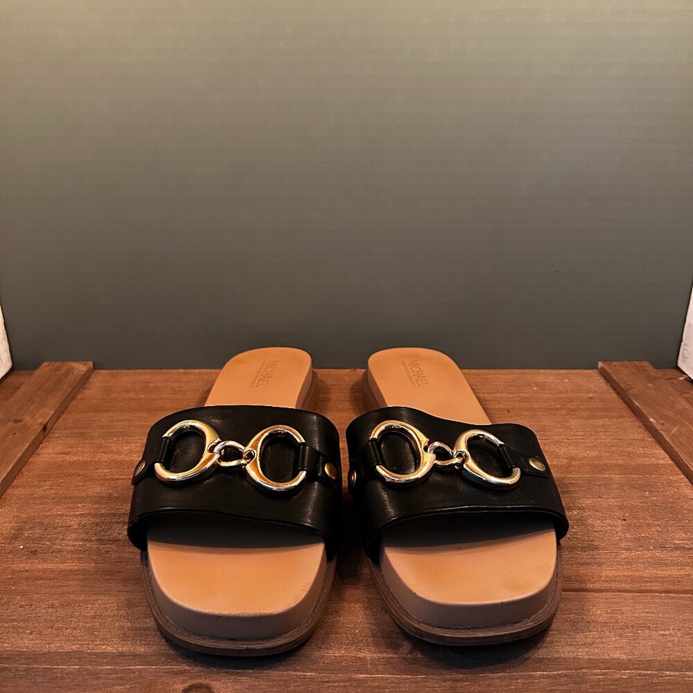 Michael Shannon Womens Black Gold Flat Sandals Size 11